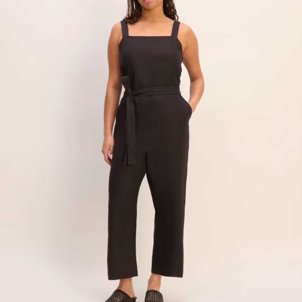 Everlane Womens 100% Linen Square-Neck Jumpsuit in Black Pockets Straps Size 4